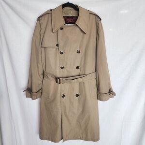 Vtg London Fog Maincoats Mens 38 Classic Tan Trench Coat Belted Double Breasted